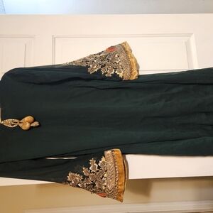 Elegant Green Dress with Gold Embroidery